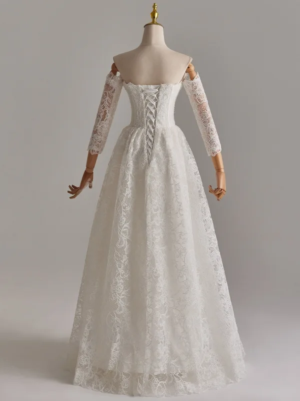 Modest / Simple White Lace Flower Pearl Wedding Dresses 2025 A-Line / Princess Off-The-Shoulder Long Sleeve Backless Floor-Length / Long