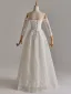 Modest / Simple White Lace Flower Pearl Wedding Dresses 2025 A-Line / Princess Off-The-Shoulder Long Sleeve Backless Floor-Length / Long