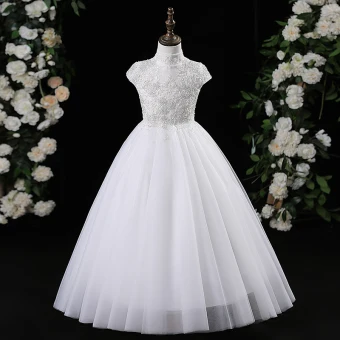 Chic Belle Blanche Perlage Courte Anniversaire Robe Ceremonie Fille 2024 Princesse Col Haut Sans Manches Tulle
