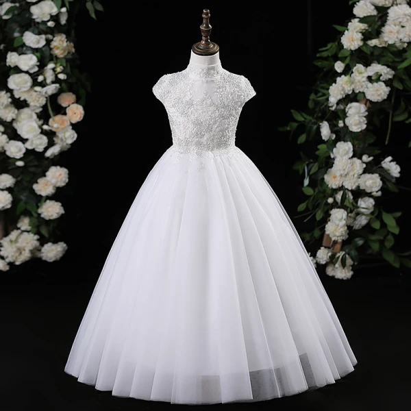 Chic / Beautiful White Beading Short Birthday Flower Girl Dresses 2024 A-Line / Princess High Neck Sleeveless Tulle