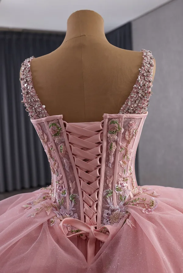 Luxury / Gorgeous Candy Pink Handmade  Beading Lace Flower Appliques Pearl Sequins Corset Prom Dresses 2025 Ball Gown V-Neck Sleeveless