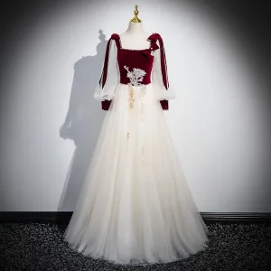 Élégant Bordeaux Paillettes Perle Robe De Bal 2025 Encolure Carrée Manches Longues Dos Nu Longue Promo Robe De Ceremonie