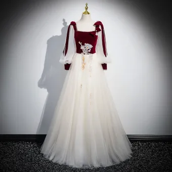 Eleganckie Burgund Cekiny Perła Sukienki Na Bal 2025 Kwadratowy Dekolt Długie Rękawy Bez Pleców Długie Bal Sukienki Wizytowe