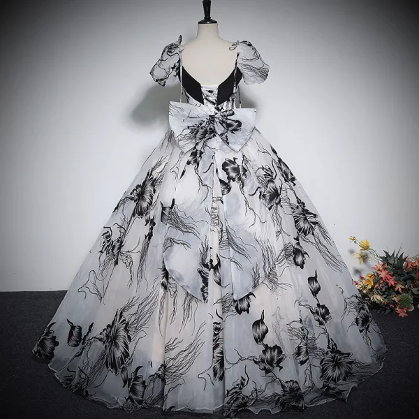 Elegant Black Printing Prom Dresses 2023 Ball Gown Square Neckline Puffy Short Sleeve Backless Bow Floor-Length / Long Prom Formal Dresses