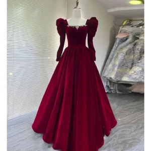 Audrey Hepburn Al Estilo Borgoña Invierno Suede Vestidos De Gala 2023 A Line Princess Escote Cuadrado Manga Larga Sin Espalda Largos Gala Vestidos Formales