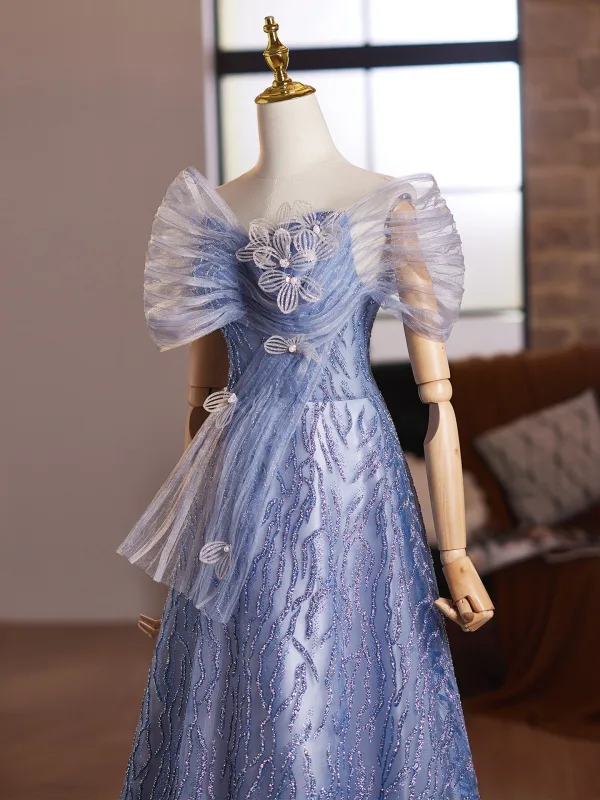 Sparkly Ocean Blue Glitter Sequins Prom Dresses 2025 A-Line / Princess Off-The-Shoulder Short Sleeve Backless Floor-Length / Long Prom Formal Dresses
