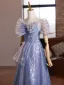 Sparkly Ocean Blue Glitter Sequins Prom Dresses 2025 A-Line / Princess Off-The-Shoulder Short Sleeve Backless Floor-Length / Long Prom Formal Dresses