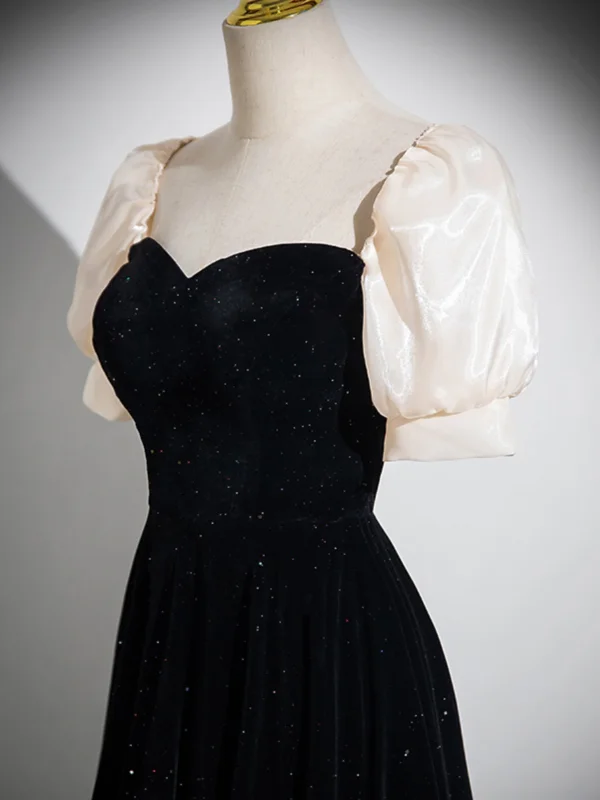 Elegante Schwarz Glanz Ballkleider 2024 A Linie Eckiger Ausschnitt Kurze Ärmel Rückenfreies Lange Ball Festliche Kleider