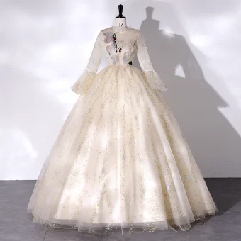 Élégant Champagne Paillettes En Dentelle Fleur Robe De Bal 2022 Robe Boule Col Haut Manches De Cloche Longue Robe De Ceremonie