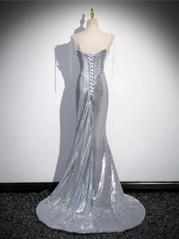 Sexy Scintillantes Argenté Paillettes Robe De Soirée 2024 Trompette / Sirène Bretelles Spaghetti Sans Manches Dos Nu Train De Balayage Soirée Robe De Ceremonie