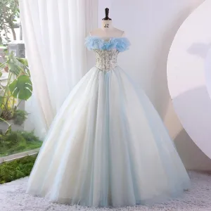 Moderne Mode Bleu Ciel Glitter Perlage Paillettes Robe De Bal 2023 Robe Boule Bustier Sans Manches Dos Nu Longue Promo Robe De Ceremonie