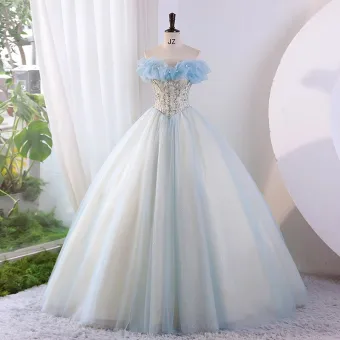 Moderne Mode Bleu Ciel Glitter Perlage Paillettes Robe De Bal 2023 Robe Boule Bustier Sans Manches Dos Nu Longue Promo Robe De Ceremonie