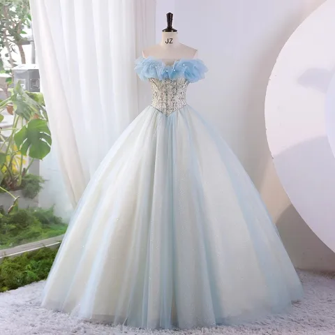 Mode Himmelblau Glanz Perlenstickerei Pailletten Ballkleider 2023 Ballkleid Bandeau Ärmellos Rückenfreies Lange Ball Festliche Kleider