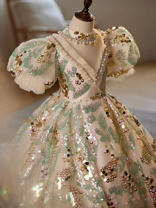 Bling Bling Champagne Beading Pearl Rhinestone Sequins Birthday Flower Girl Dresses 2024 Ball Gown High Neck Puffy Short Sleeve Floor-Length / Long