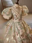 Bling Bling Champagne Beading Pearl Rhinestone Sequins Birthday Flower Girl Dresses 2024 Ball Gown High Neck Puffy Short Sleeve Floor-Length / Long