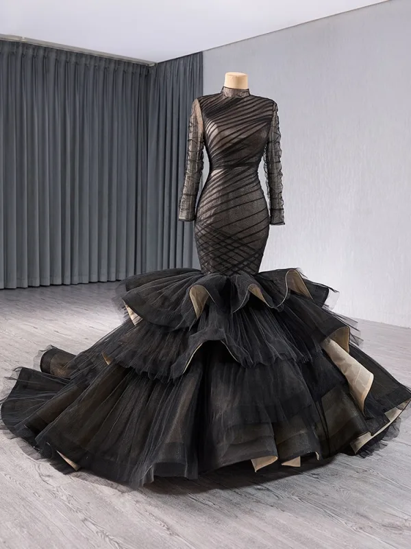 Musulmane Haut de Gamme Noire Trompette / Sirène Volants en Cascade Robe De Mariée 2024 Col Haut Manches Longues Chapel Train