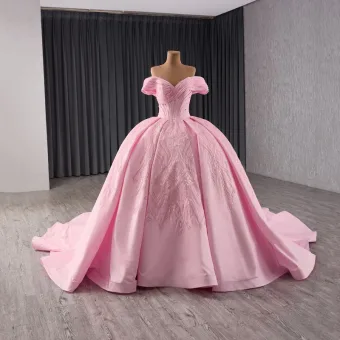 Charmant Rougissant Rose Fait Main Faux Diamant Paillettes Robe De Mariée 2024 Robe Boule De L Épaule Manches Courtes Dos Nu Chapel Train Mariage