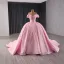 Schön Rosa Handgefertigt Strass Pailletten Brautkleider / Hochzeitskleider 2024 Ballkleid Off Shoulder Kurze Ärmel Rückenfreies Kapelle-Schleppe Hochzeit