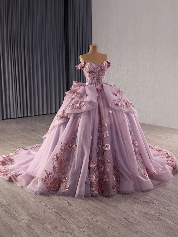 Luxury / Gorgeous Flower Fairy Purple Handmade  Beading Pearl Sequins Lace Flower Appliques Prom Dresses 2025 Ball Gown Off-The-Shoulder Sleeveless