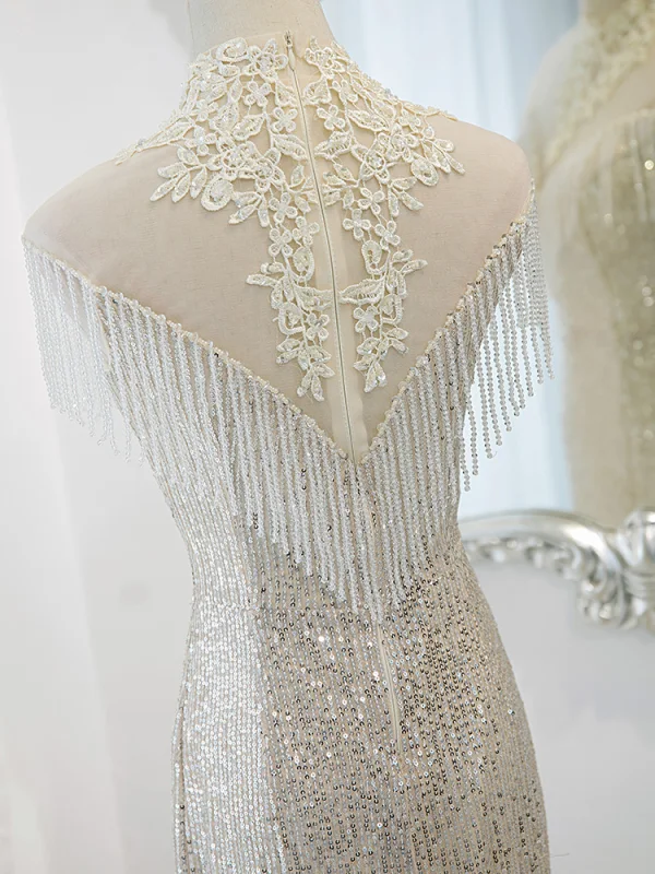 Charming Silver Beading Tassel Sequins Lace Flower Evening Dresses 2023 Trumpet / Mermaid High Neck Sleeveless Floor-Length / Long Evening Party Formal Dresses