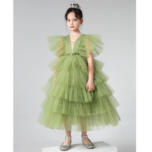 Chic / Belle Vert Cendré Volants en Cascade Anniversaire Robe Ceremonie Fille 2022 Princesse V-Cou Manches Courtes Dos Nu Longue Robe Ceremonie Fille
