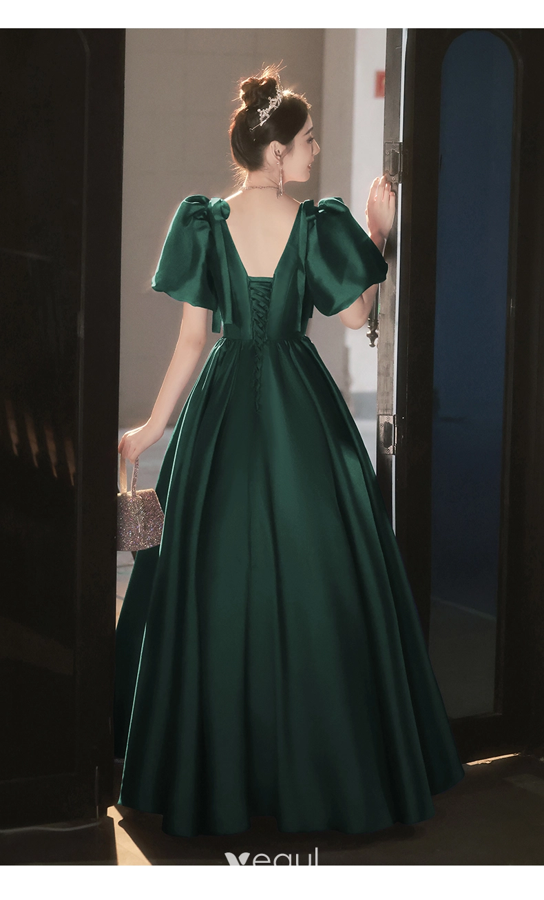 Dark Green Prom Dresses V-Neck Puffy Sleeves A-Line Evening Gown for Wedding