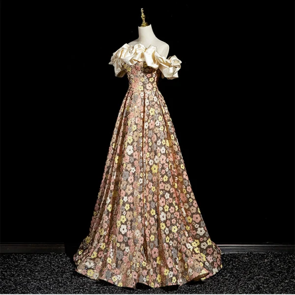 Fashion Champagne Sequins Floral Prom Dresses 2024 A-Line / Princess Ruffle Off-The-Shoulder Sleeveless Backless Floor-Length / Long Prom Formal Dresses