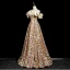 Fashion Champagne Sequins Floral Prom Dresses 2024 A-Line / Princess Ruffle Off-The-Shoulder Sleeveless Backless Floor-Length / Long Prom Formal Dresses