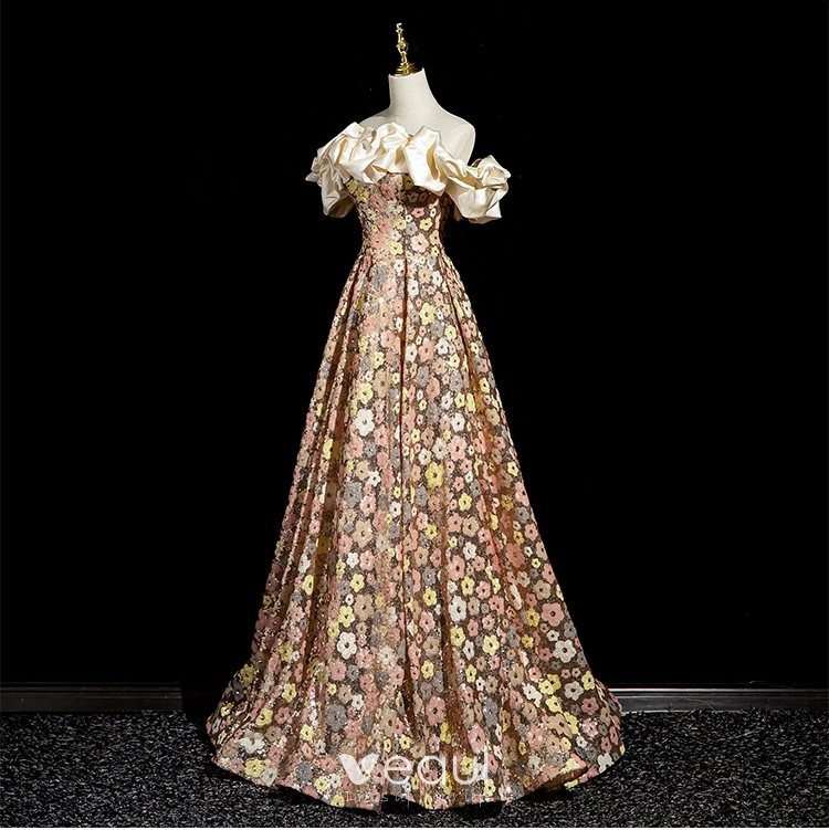 Fashion Champagne Sequins Floral Prom Dresses 2024 A Line Princess Ruffle  Off The Shoulder Sleeveless Backless Floor Length Long Prom Formal Dresses