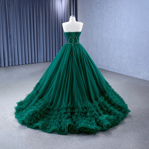 High-end Vintage / Retro Dark Green Pleated Prom Dresses 2023 Ball Gown Strapless Beading Sleeveless Backless Sweep Train Prom Formal Dresses