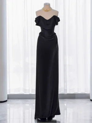 Modest Simple Black Satin Evening Dresses 2024 Trumpet Mermaid Strapless Sleeveless Backless Floor Length Long Evening Party Formal Dresses