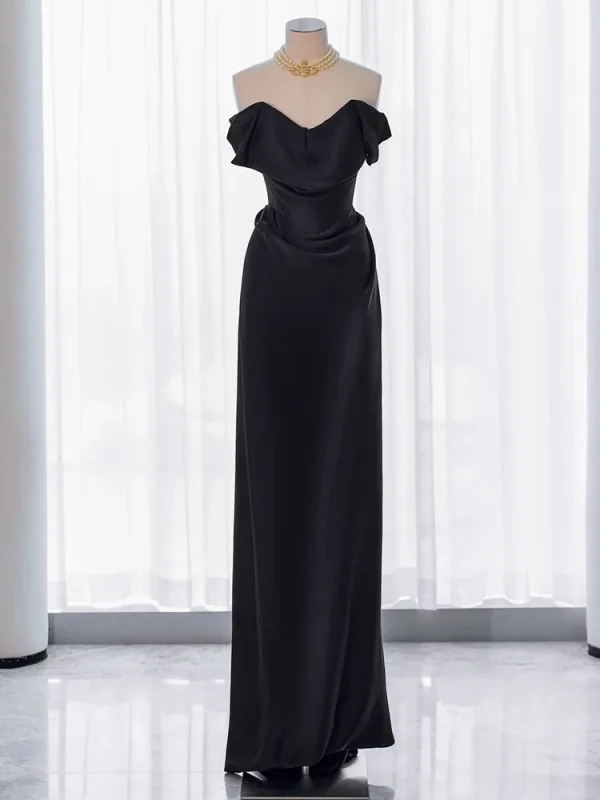 Modest / Simple Black Satin Evening Dresses 2024 Trumpet / Mermaid Strapless Sleeveless Backless Floor-Length / Long Evening Party Formal Dresses