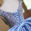Elegante Himmelblau Pailletten Satin Ballkleider 2024 A Linie V-Ausschnitt Ärmel Rückenfreies Schleife Sweep / Pinsel Zug Ball Festliche Kleider