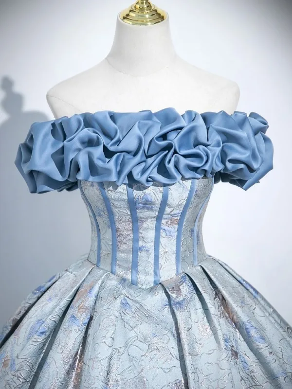Elegant Sky Blue Printing Prom Dresses 2025 Ball Gown Off-The-Shoulder Short Sleeve Backless Floor-Length / Long Formal Dresses