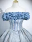 Elegant Sky Blue Printing Prom Dresses 2025 Ball Gown Off-The-Shoulder Short Sleeve Backless Floor-Length / Long Formal Dresses