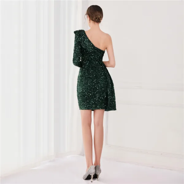 Sexy Weiß Pailletten Partykleider 2022 One-Shoulder Lange Ärmel Rückenfreies Lange Cocktail Abend Festliche Kleider