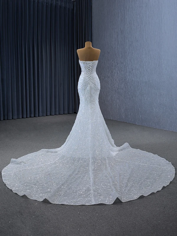 Glitzernden High End Weiß Handgefertigt Perlenstickerei Pailletten Brautkleider / Hochzeitskleider 2024 Meerjungfrau Off Shoulder 3/4 Ärmel Rückenfreies Hof-Schleppe Hochzeit