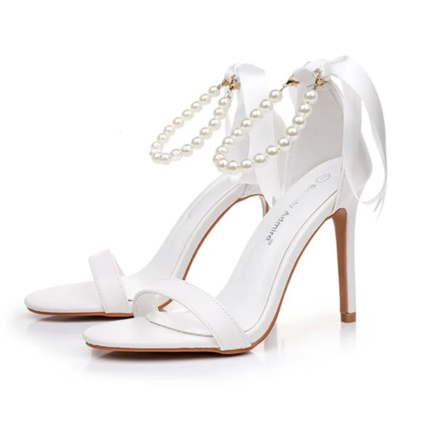 Charmant Weiß Strass Knöchelriemen Schleife Brautschuhe 2025 10 cm Stilettos Peeptoes Hochzeit Sandaletten Hochhackige