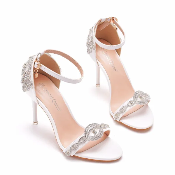 Sexy Weiß Strass Brautschuhe 2023 Knöchelriemen 9 cm Stilettos Peeptoes Hochzeit Sandaletten Hochhackige