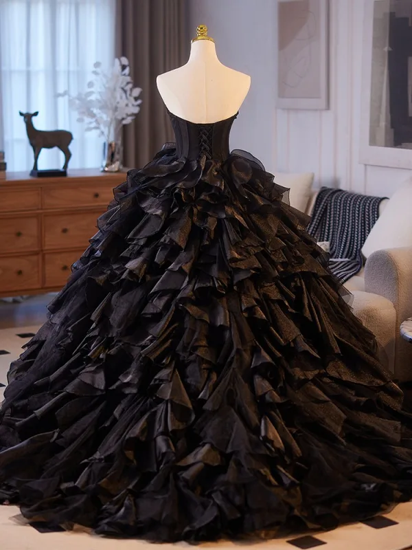 Chic / Beautiful Black Cascading Ruffles Prom Dresses 2025 Ball Gown Strapless Sleeveless Backless Floor-Length / Long Prom Formal Dresses