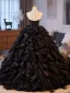 Chic / Beautiful Black Cascading Ruffles Prom Dresses 2025 Ball Gown Strapless Sleeveless Backless Floor-Length / Long Prom Formal Dresses