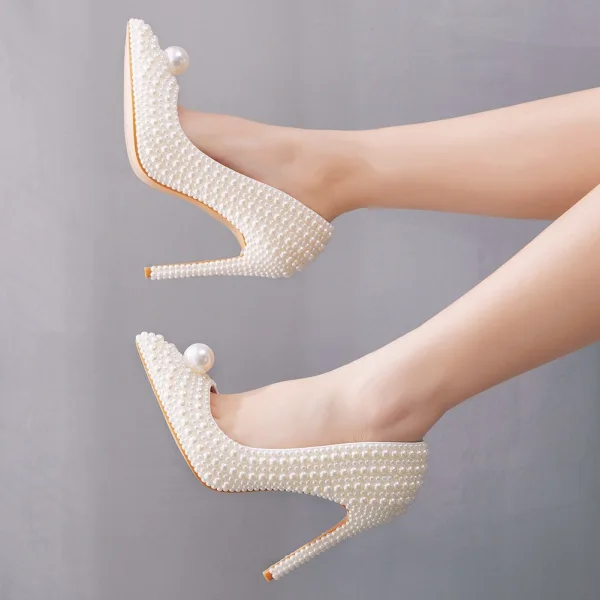Elegante Weiß Perle Brautschuhe 2022 11 cm Stilettos Spitzschuh Hochzeit Pumps Hochhackige