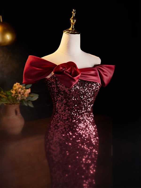 Sparkly Burgundy Sequins Evening Dresses 2024 Trumpet / Mermaid Off-The-Shoulder Short Sleeve Backless Floor-Length / Long Evening Party Formal Dresses
