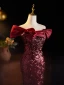 Sparkly Burgundy Sequins Evening Dresses 2024 Trumpet / Mermaid Off-The-Shoulder Short Sleeve Backless Floor-Length / Long Evening Party Formal Dresses