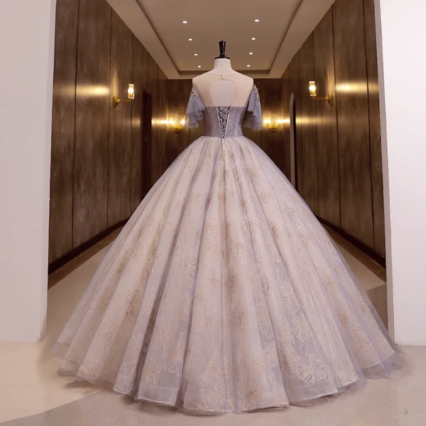 Elegant Purple Prom Dresses 2022 Ball Gown Scoop Neck Beading Sequins Short Sleeve Backless Floor-Length / Long Formal Dresses