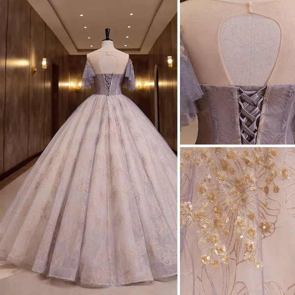 Elegant Purple Prom Dresses 2022 Ball Gown Scoop Neck Beading Sequins Short Sleeve Backless Floor-Length / Long Formal Dresses