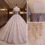 Elegant Purple Prom Dresses 2022 Ball Gown Scoop Neck Beading Sequins Short Sleeve Backless Floor-Length / Long Formal Dresses