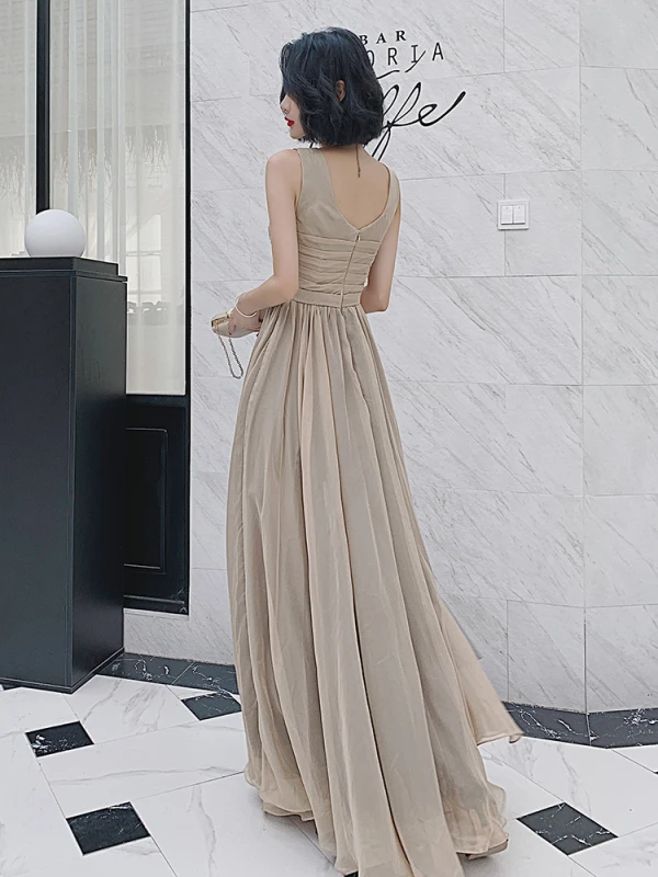 Fashion Khaki Evening Party Split Front Evening Dresses 2022 A-Line / Princess V-Neck Sleeveless Backless Floor-Length / Long Formal Dresses
