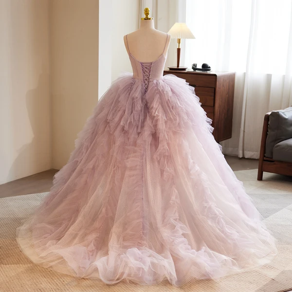 Fashion Blushing Pink Cascading Ruffles Prom Dresses 2023 Ball Gown Spaghetti Straps Sleeveless Backless Sweep Train Formal Dresses
