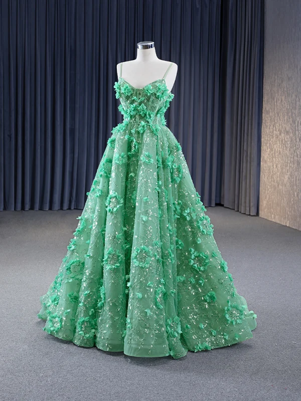 Haut de Gamme Charmant Vert Cendré Perlage Paillettes Appliques Robe De Bal 2023 Princesse Bretelles Spaghetti Sans Manches Dos Nu Train De Balayage Promo Robe De Ceremonie